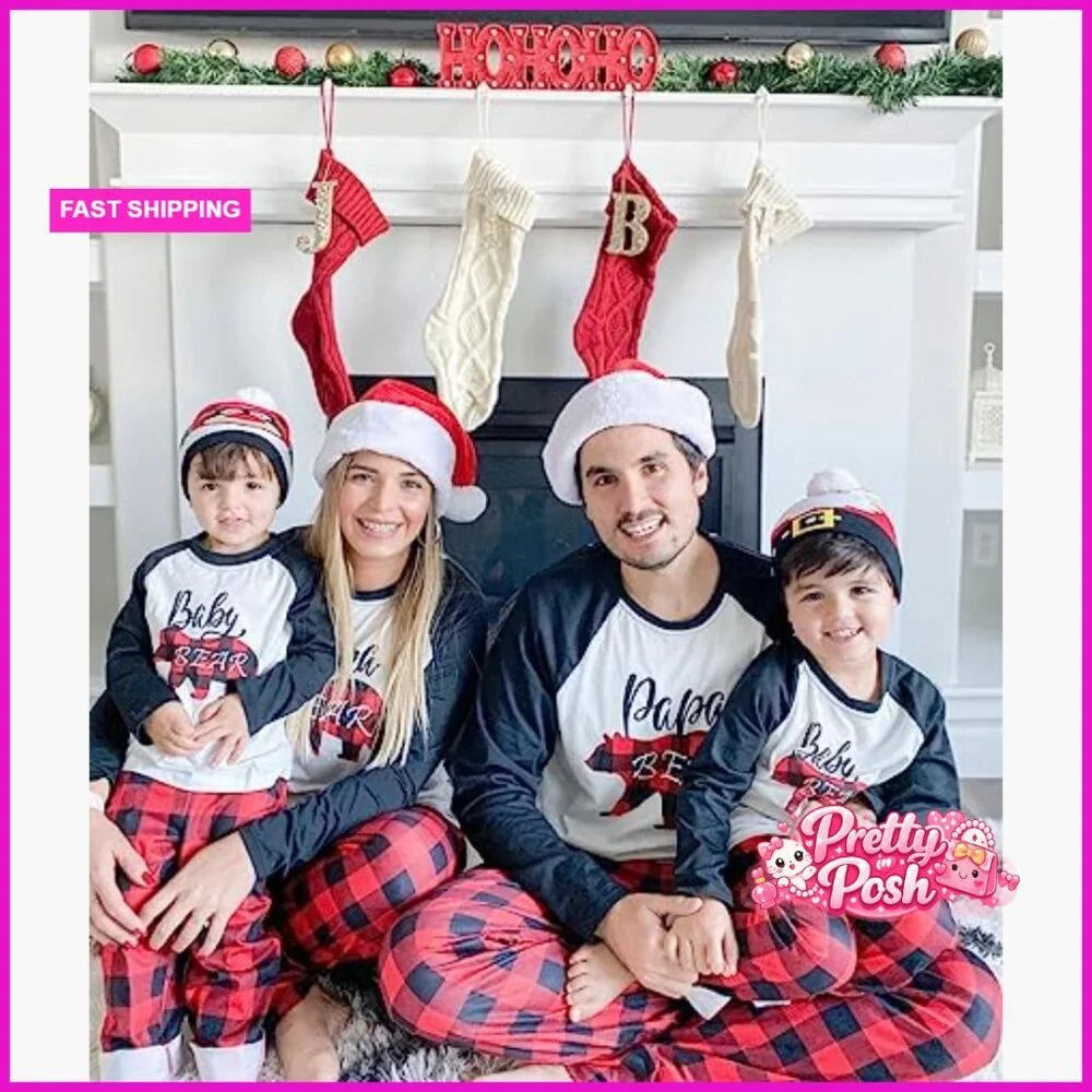 Matching Christmas Pajamas Set Letter Print Top Plaid Pants Pockets